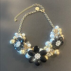 WHBM Gold Pearl & Black Flower Statement Necklace